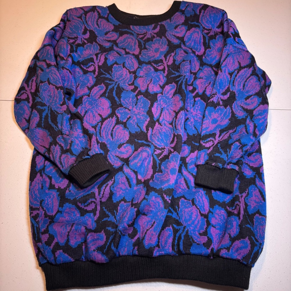 EnChante Vintage 80s Floral Knit Sweater Purple Blue USA Eclectic‎ Grandma Vtg